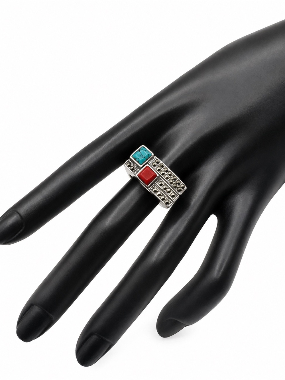 Vintage Native American Style Turquoise & Red Stone Ring – Size 8